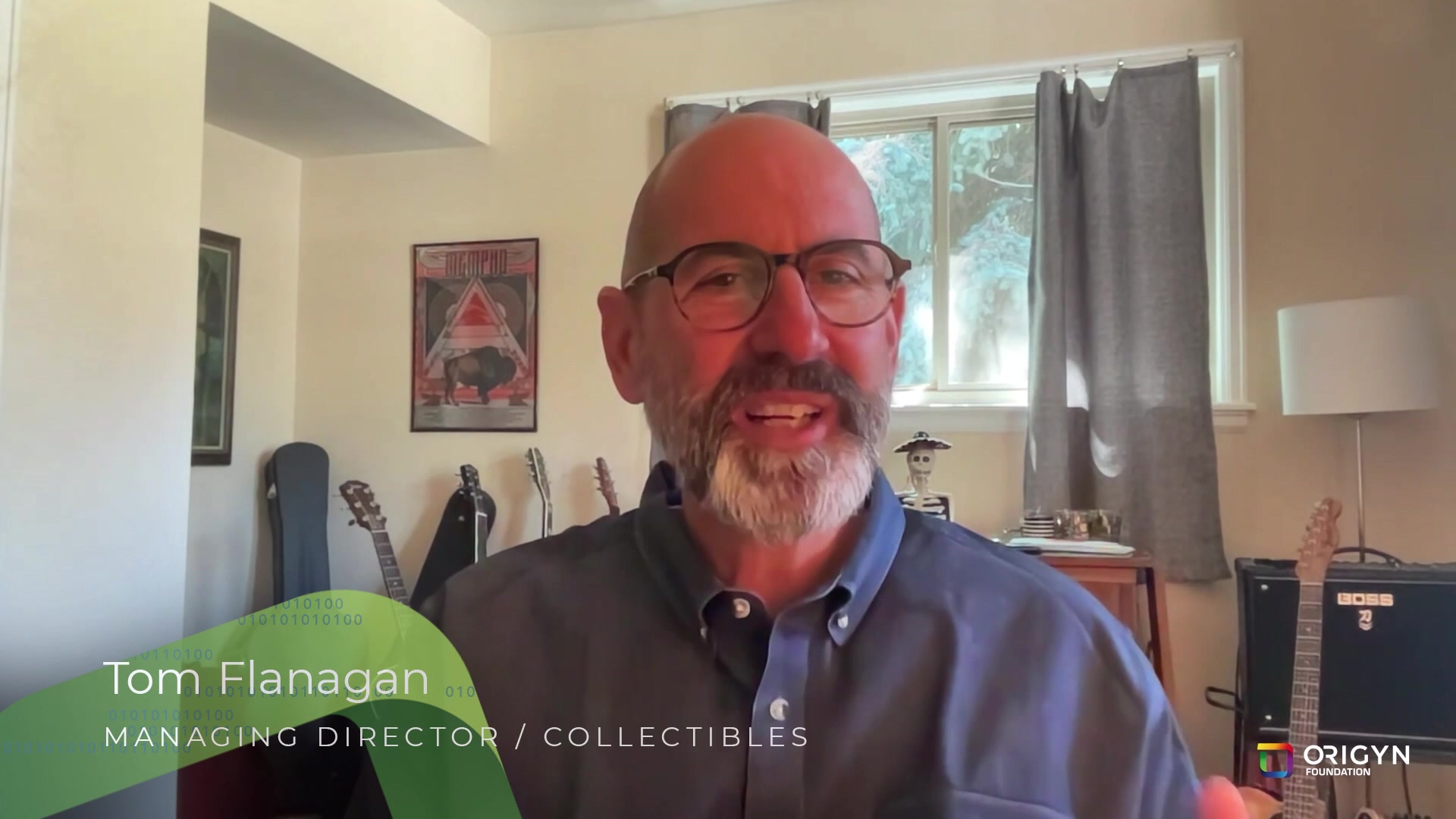 Lower third graphic for Tom Flanagan, Managing Director of Collectibles