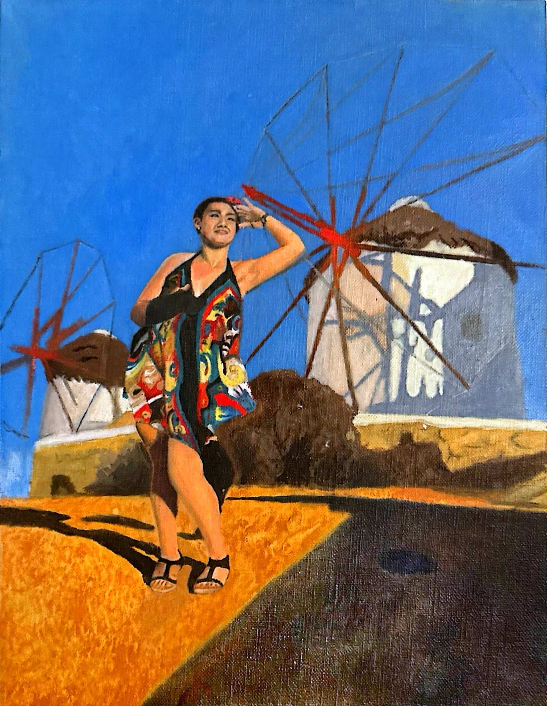 Mykonos self-portrait — painting by Nadia Shenasi